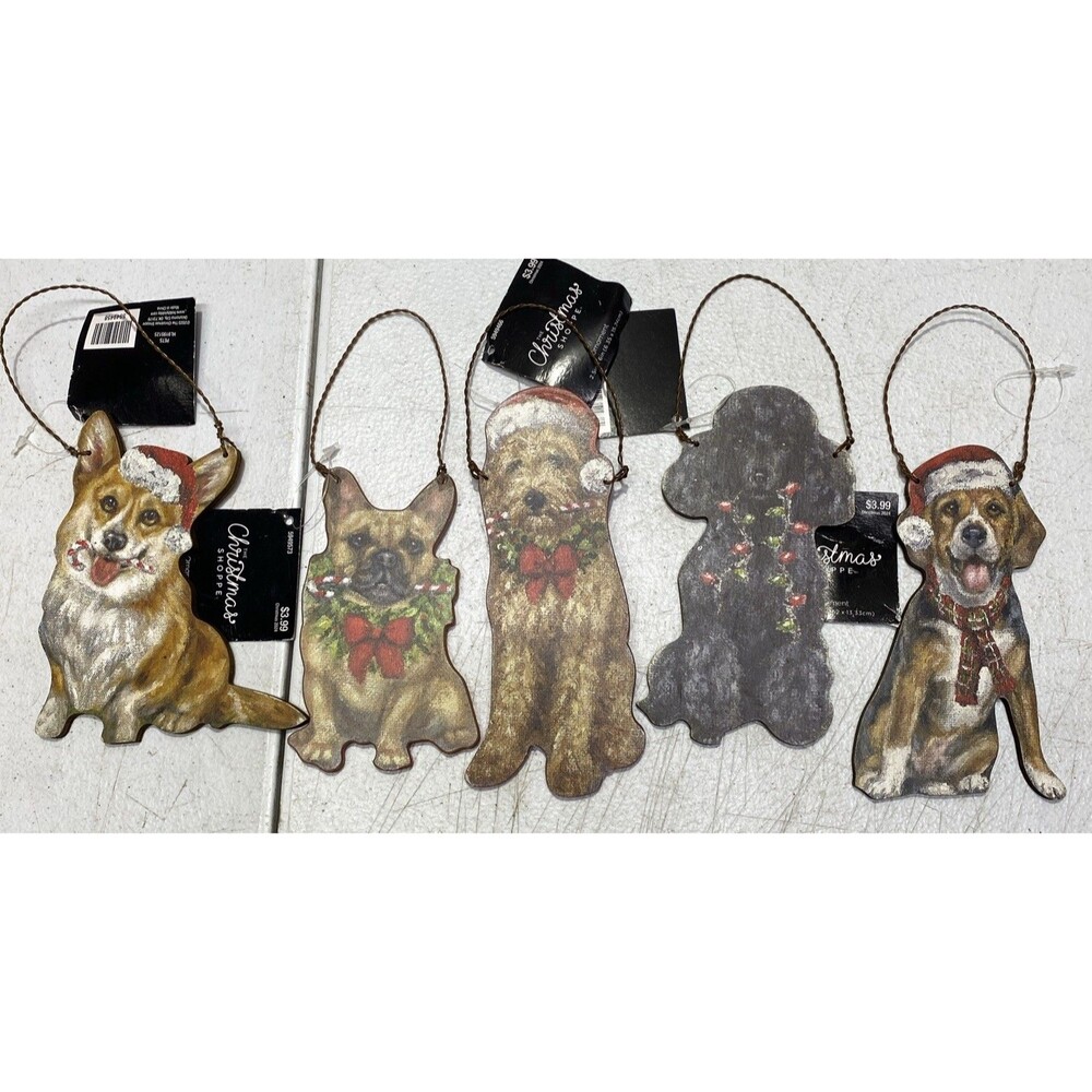 Lot of 5 Wood Dog Christmas Ornaments  Woof Doggies